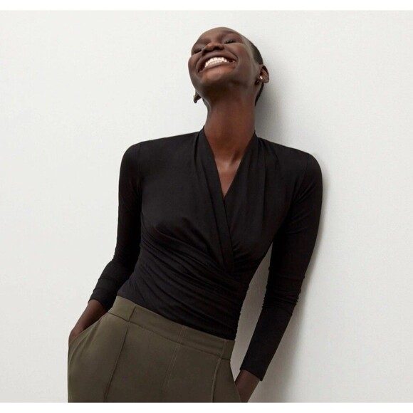 MM LaFleur Fey Top Black Stretch Jersey Knit Ruched Top Size L Minimalist - Picture 1 of 9